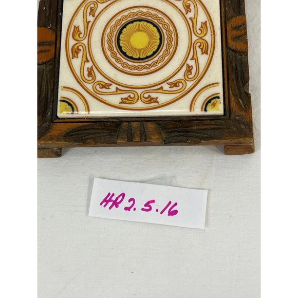 Mexican Tile Trivet Hand Carved Wood Frame With Feet 70s Plant Stand Bohemian - Picture 8 of 8